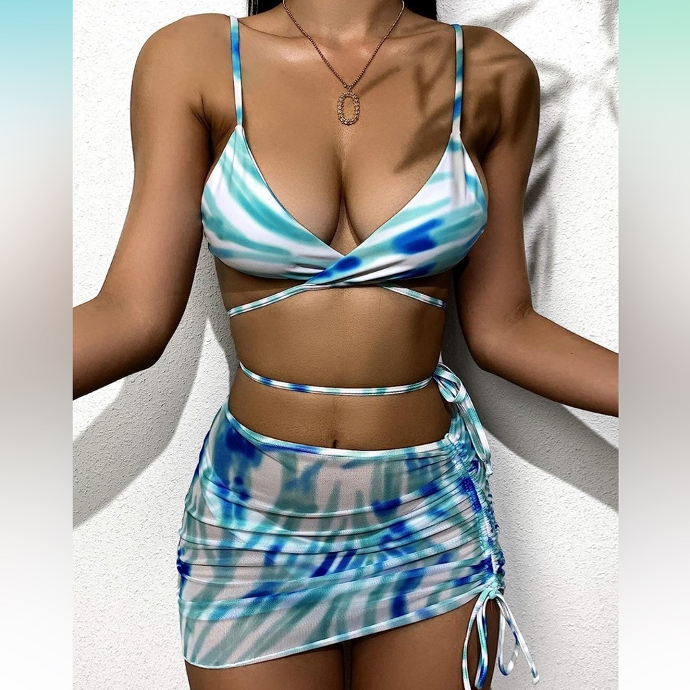 Bikini with Mesh Beach Skirt 3 Piece Swimsuit - Tie Dye  Size M